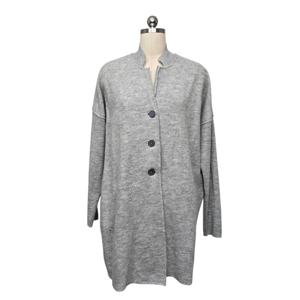 J. Jill Womens Med Grey 100% Merino Wool Longline Cardigan Sweater Mock Neck